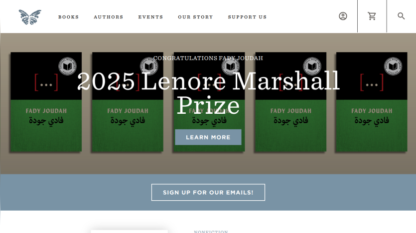 Website header with navigation and announcement of 2025 Lenore Marshall Prize winner Fady Joudah with book covers and email signup button