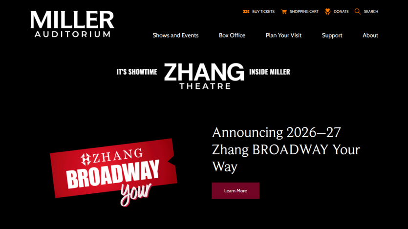 Miller Auditorium website announcing 2026–27 Zhang BROADWAY Your Way with a prominent call to action.