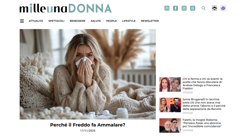 Italian news site milleunadonna with article on why cold causes illness, dated 17/11/2025
