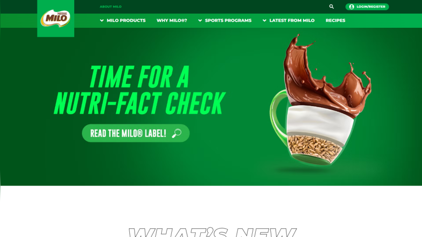 Milo website header with navigation and hero section promoting a nutri-fact check with a call to action button