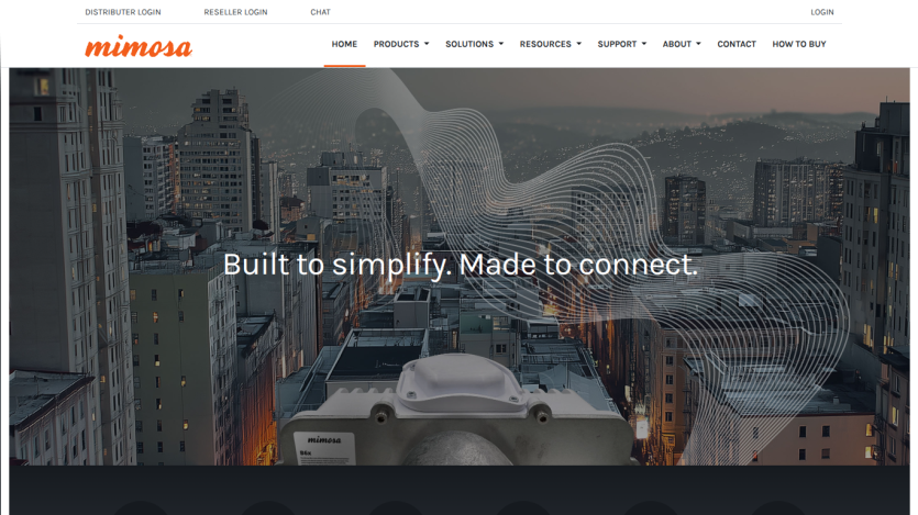 Homepage of Mimosa with a cityscape background and the tagline 'Built to simplify. Made to connect.'