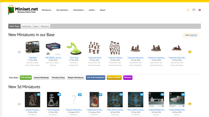 Homepage showcasing new miniatures and 3D models available for purchase.
