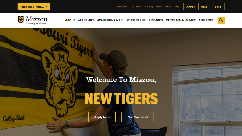 Homepage of the University of Missouri welcoming new students with a call to action to apply or plan a visit.