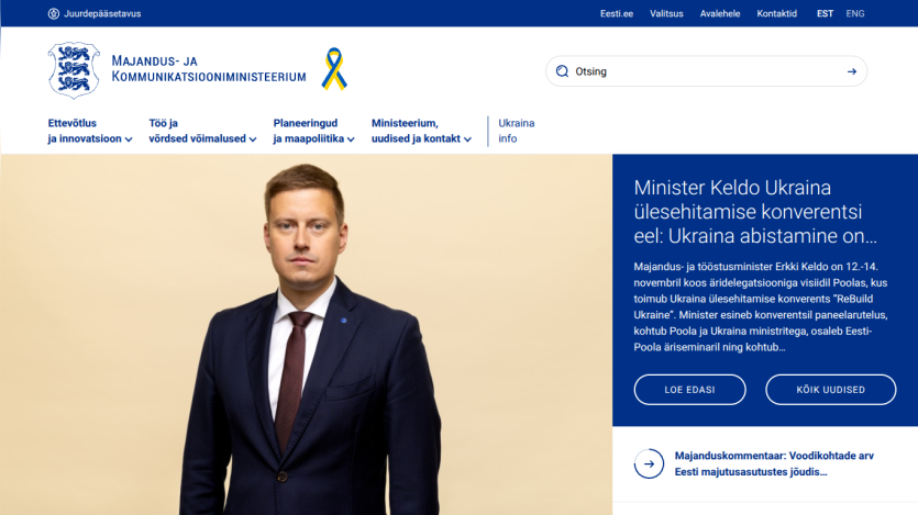 Estonian Ministry of Economic Affairs and Communications homepage with news about Minister Keldo and Ukraine rebuilding conference