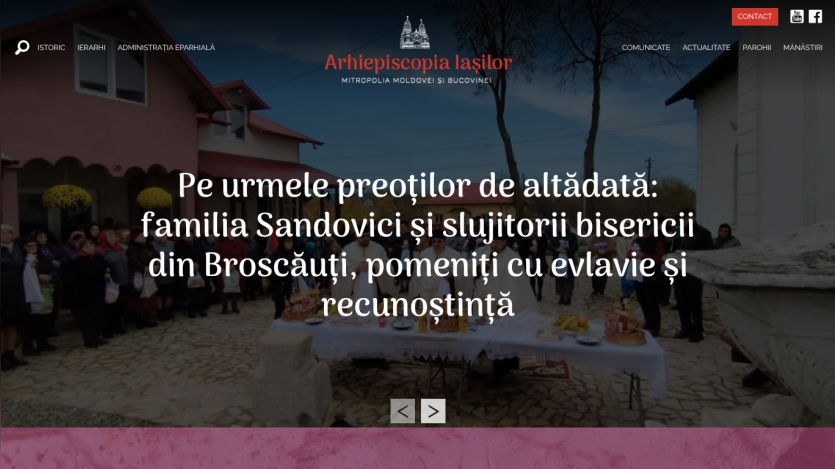 Website header with navigation and a hero section featuring a church courtyard and Romanian text about the Sandovici family and church servants