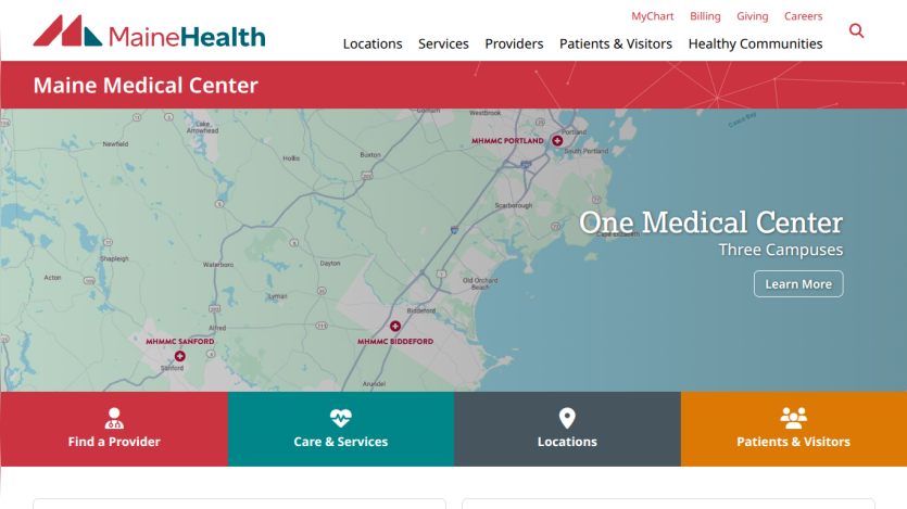 Maine Medical Center homepage with navigation menu and map background highlighting three campuses