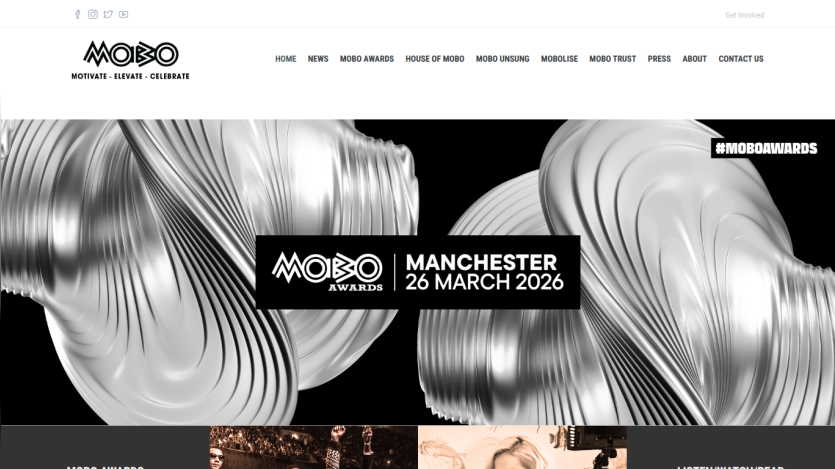 MOBO Awards website header with navigation and hero banner announcing Manchester event on 26 March 2026.