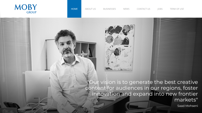 Moby Group homepage featuring a man with a vision statement about creative content.
