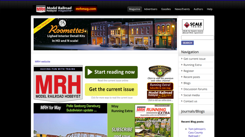 Homepage of Model Railroad Hobbyist featuring navigation and a call to action for current issue.