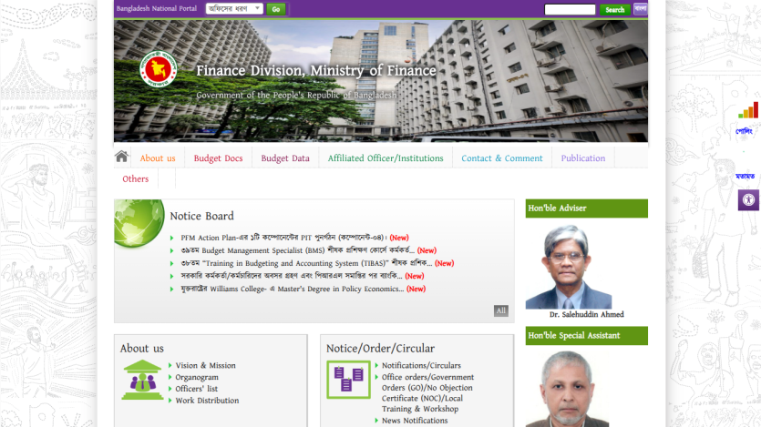 Finance Department website homepage with navigation menu, notice board, and office locations information