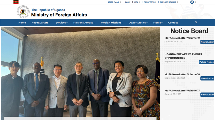 Ministry of Foreign Affairs Uganda website with navigation menu, handshake photo, and notice board with newsletters and export opportunities