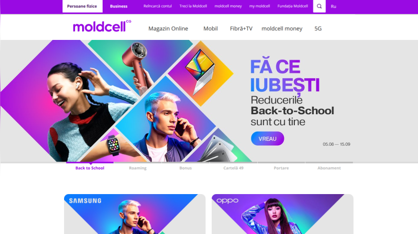 Moldcell homepage featuring Back-to-School promotions and product images.