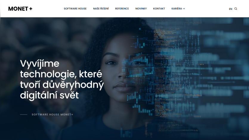 Software house Monet+ homepage with headline about developing trustworthy digital technologies and a digital-themed hero image