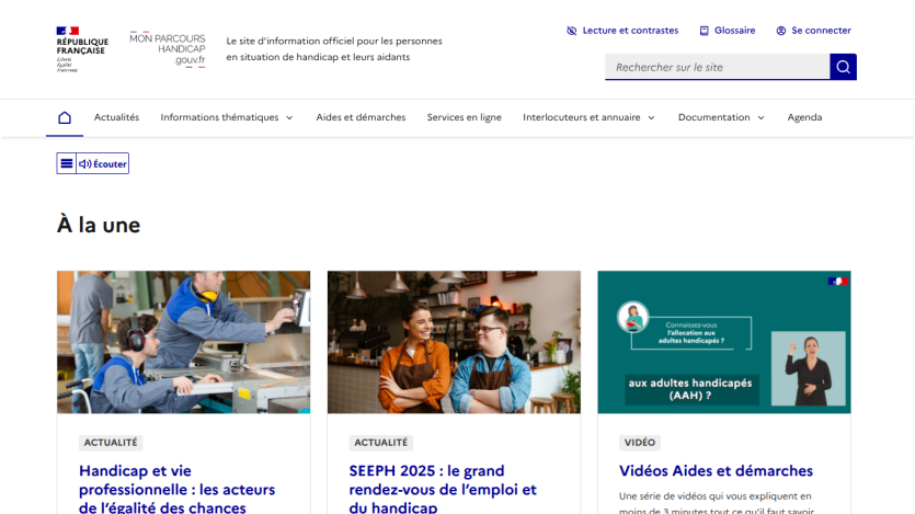 Official French government site for disability information featuring news and videos on employment and aid for disabled persons.