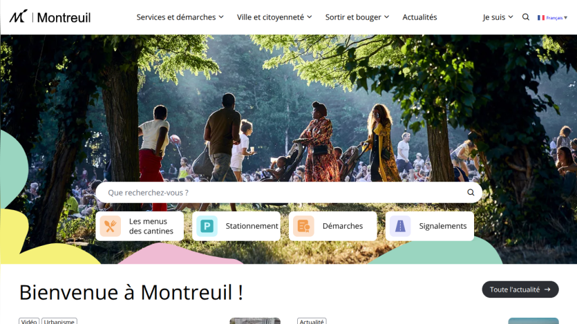 Montreuil city website with a search bar, navigation menu, and a welcoming message over a park scene with people.