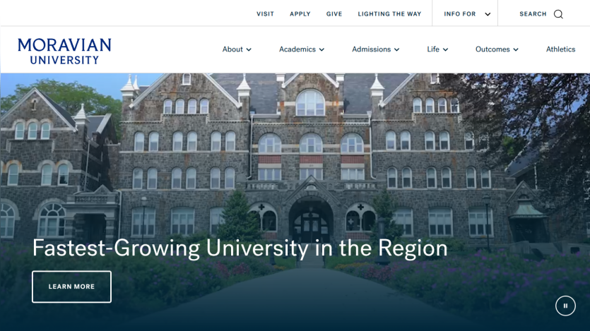 Homepage of Moravian University highlighting its status as the fastest-growing university.
