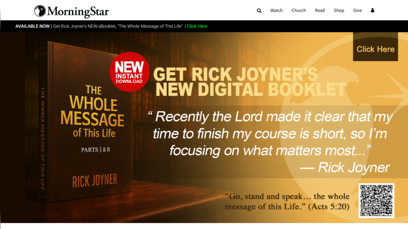 MorningStar website promoting Rick Joyner's new digital booklet 'The Whole Message of This Life' with quote and download prompt