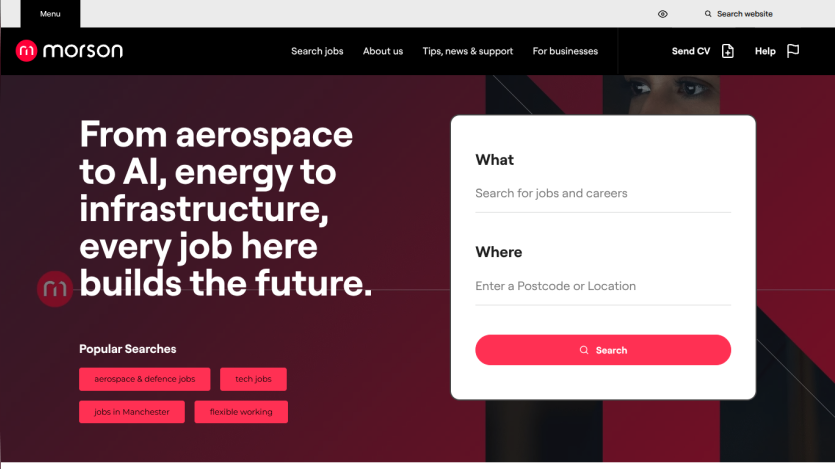 Job search site hero with headline about jobs in aerospace, AI, energy, and infrastructure and a job search form