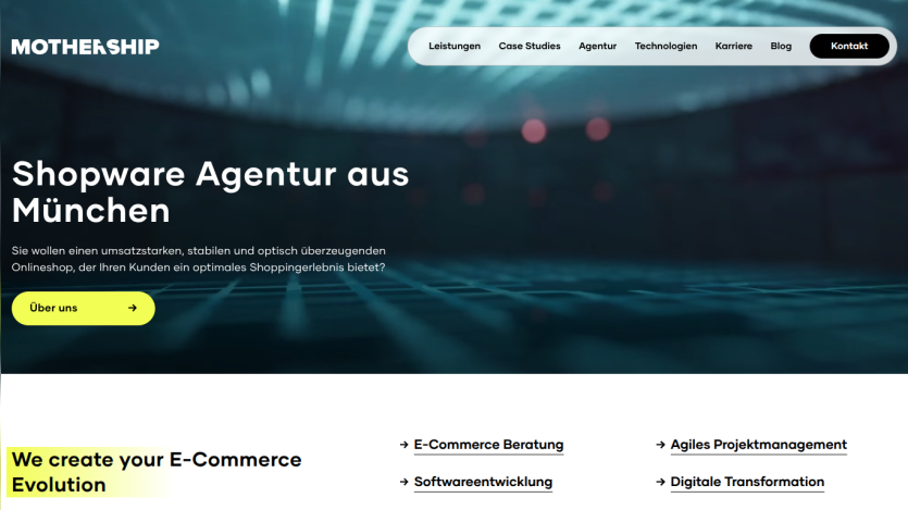 Homepage of a Munich-based e-commerce agency with service offerings listed.