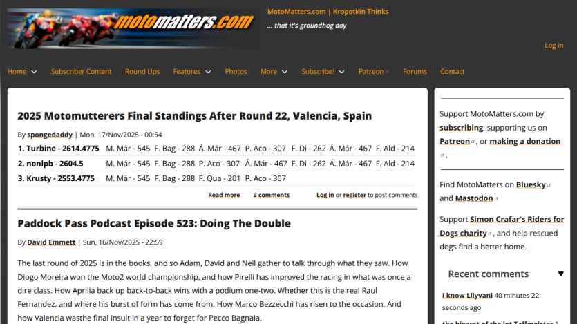 MotoMatters homepage showing latest standings and podcast episode summary with navigation links