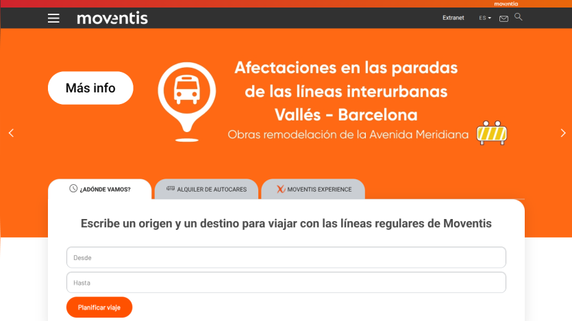 Moventis website showing interurban bus line disruptions in Vallés-Barcelona and a trip planner form