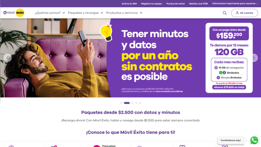 Móvil Éxito homepage offering no-contract yearly plans with 120 GB data for $159,200, plus monthly benefits and packages from $2,500