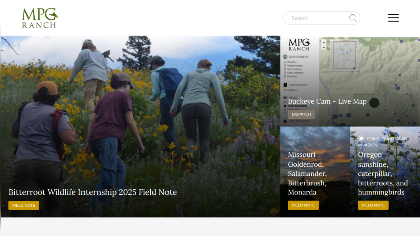 MPG Ranch website showing wildlife internship field note, live map, and field notes on Missouri and Oregon ecosystems