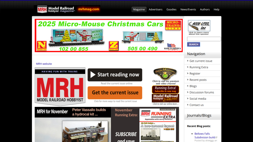 Model Railroad Hobbyist magazine homepage with navigation, current issue access, and November feature highlights
