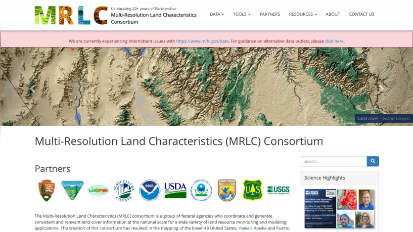 Multi-Resolution Land Characteristics Consortium homepage with partner logos and a search bar