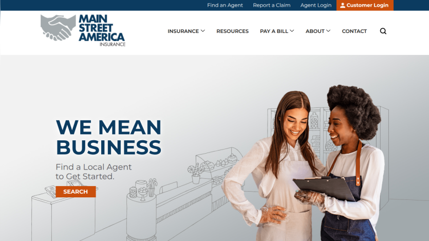 Main Street America Insurance homepage with navigation and a hero section inviting users to find a local agent to get started