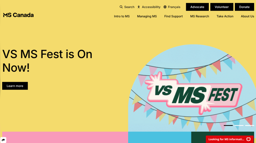 MS Canada homepage promoting VS MS Fest event with navigation and call to action