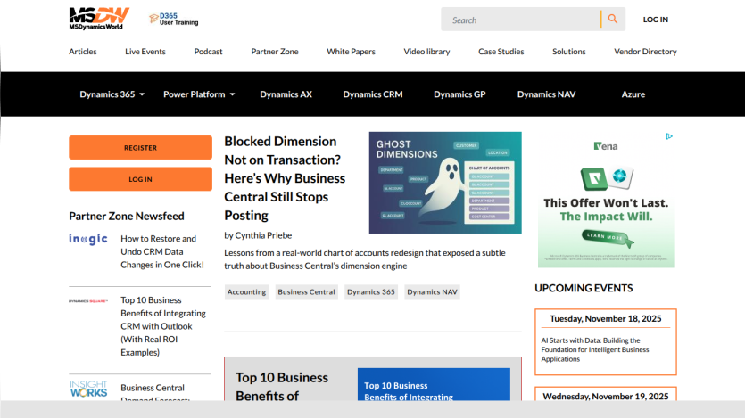MSDynamicsWorld site with navigation, article on Business Central dimension issues, partner newsfeed, and upcoming events
