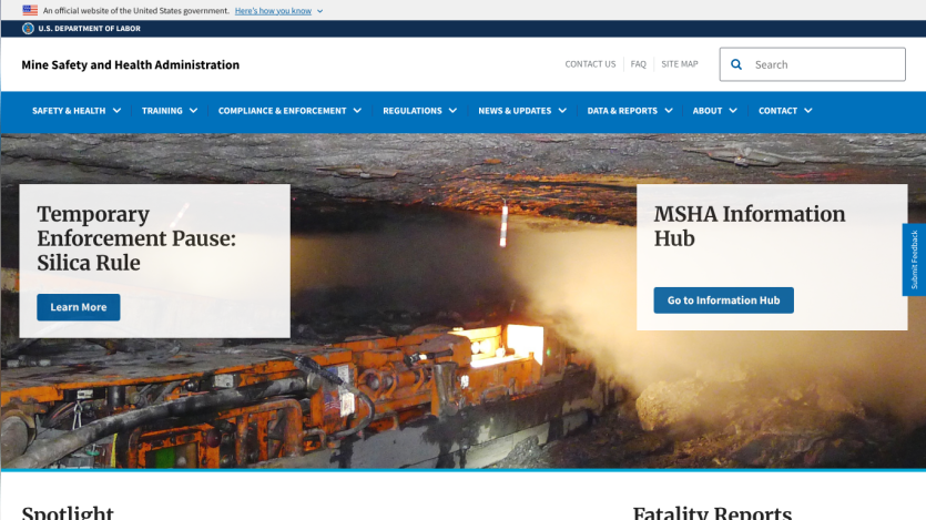 Homepage featuring enforcement pause announcement and MSHA information hub links.