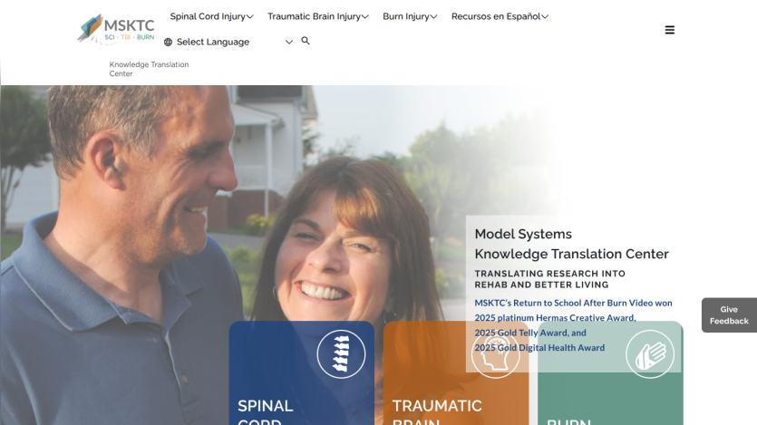 Model Systems Knowledge Translation Center homepage with navigation for spinal cord injury, brain injury, and burn resources, featuring smiling people and award info.