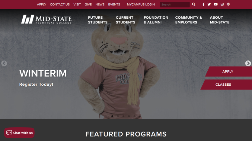 Mid-State Technical College homepage with winterim registration call and navigation links for students and community