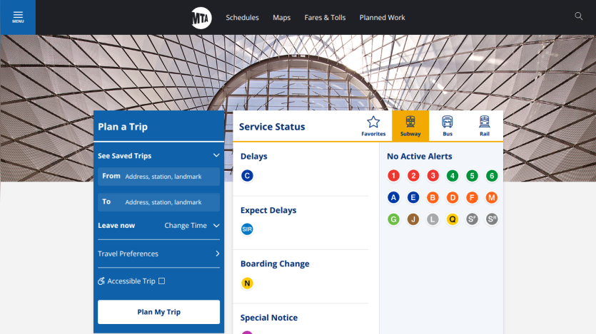 MTA website showing trip planner and subway service status with delay alerts and no active alerts