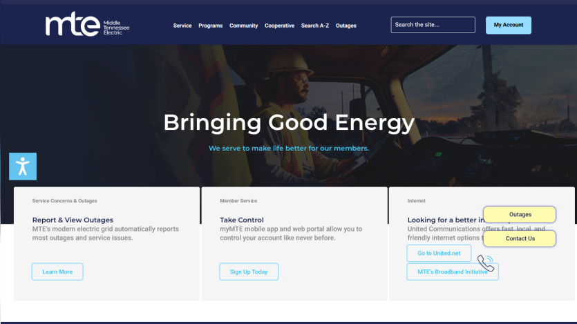 Middle Tennessee Electric homepage with navigation, hero image titled 'Bringing Good Energy', and service options for outages, member control, and internet