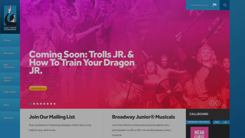 Announcement for upcoming shows: Trolls JR. & How To Train Your Dragon JR. with a colorful background.