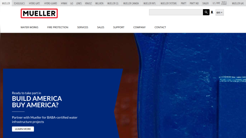 Mueller website promoting BABA-certified water infrastructure projects with navigation menu and search bar
