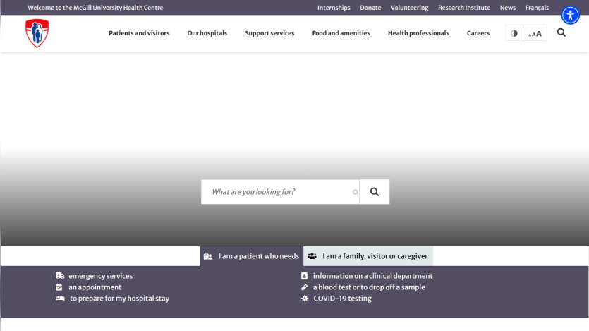 McGill University Health Centre website header with navigation links and search bar for patients, visitors, and health professionals