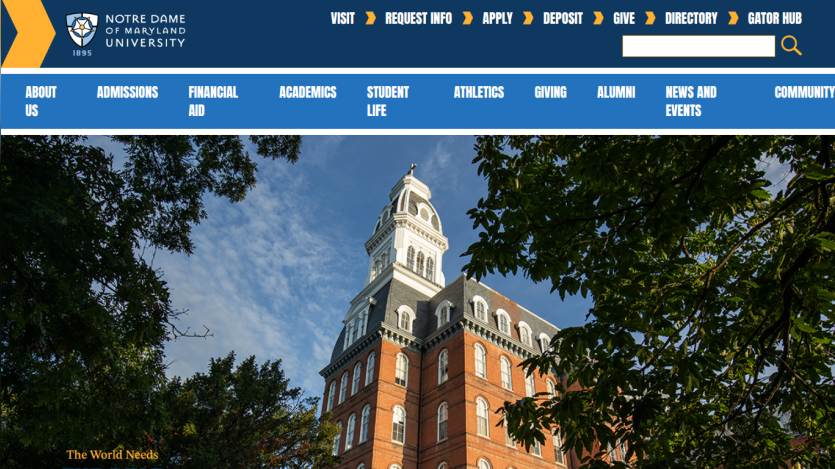 Homepage of Notre Dame University featuring a building and navigation menu.