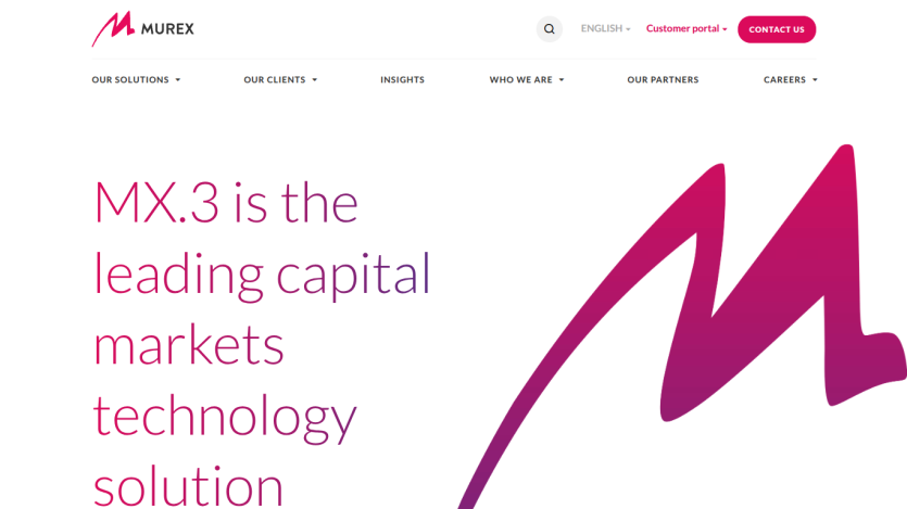 Homepage of Murex showcasing MX.3 as a capital markets technology solution.