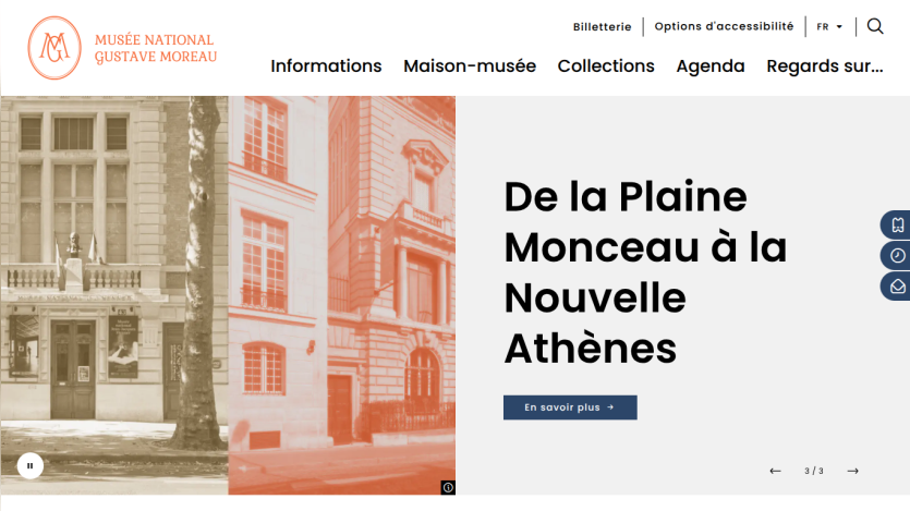 Musée National Gustave Moreau website with navigation and hero section about De la Plaine Monceau à la Nouvelle Athènes exhibition