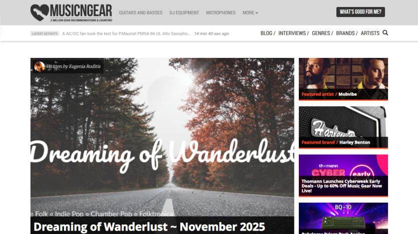 MusicGear website with navigation for guitars, DJ equipment, microphones, and a featured article titled Dreaming of Wanderlust November 2025