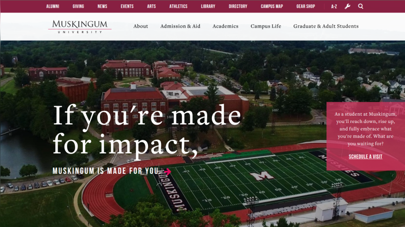 Muskigum University homepage featuring a campus view and impact message.