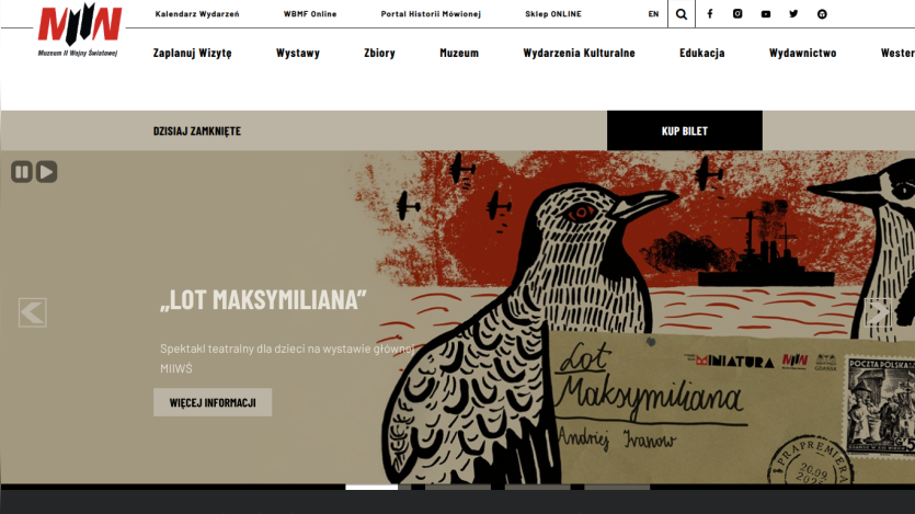 Museum II World War website with navigation and a hero section promoting a children's theater play 'Lot Maksymiliana'