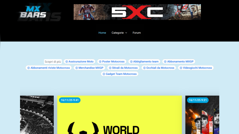 Motocross website with navigation links and featured event images under MX Bars and 5XCINQUE banners