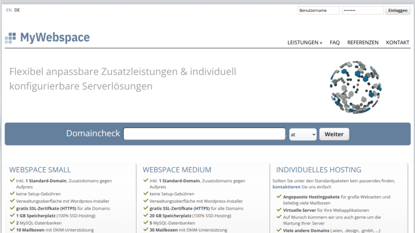 MyWebspace hosting service page with domain check, hosting plans, and login form in German