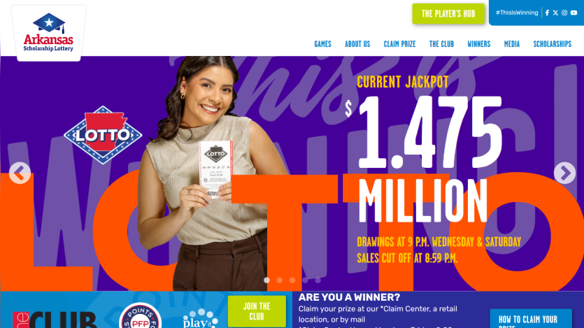 Arkansas Lottery homepage featuring current jackpot of $1.475 million and promotional content.