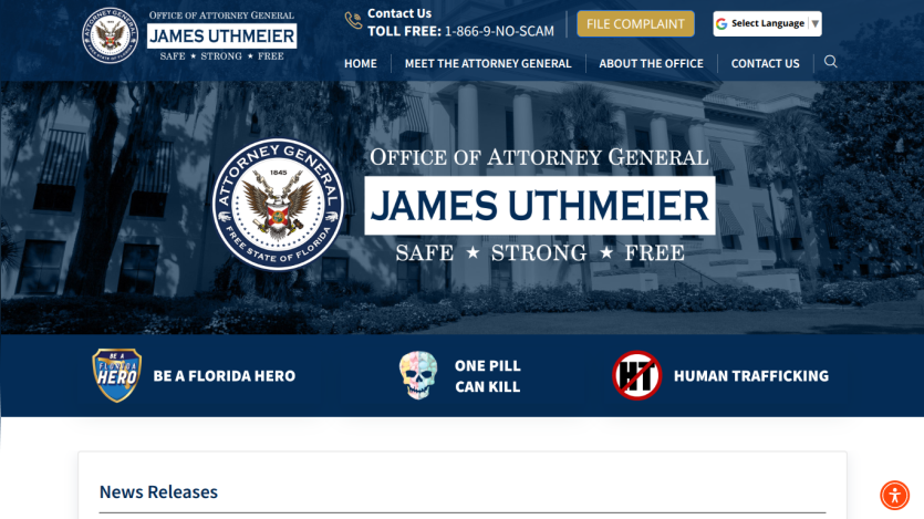 Office of Attorney General James Uthmeier website header with navigation and key messages.